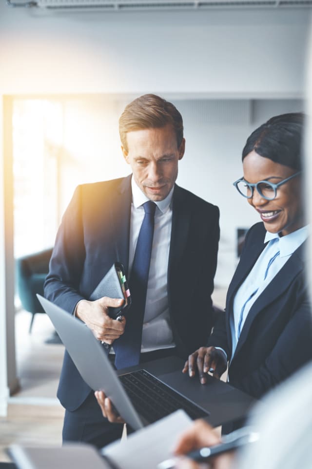 two professionals looking at laptop